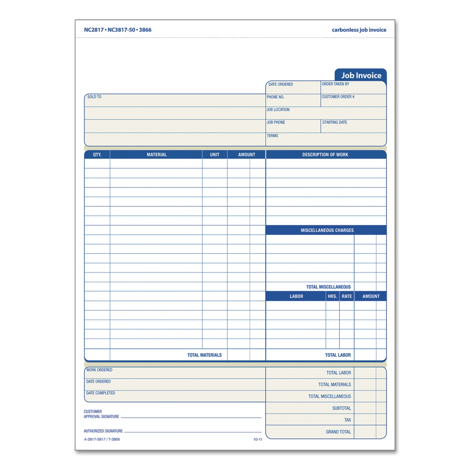 Job Invoice Snap Off Triplicate Form Three Part Carbonless 8 5 X 11 63 50 Forms Total Tops MPN 3866 Reliable Paper