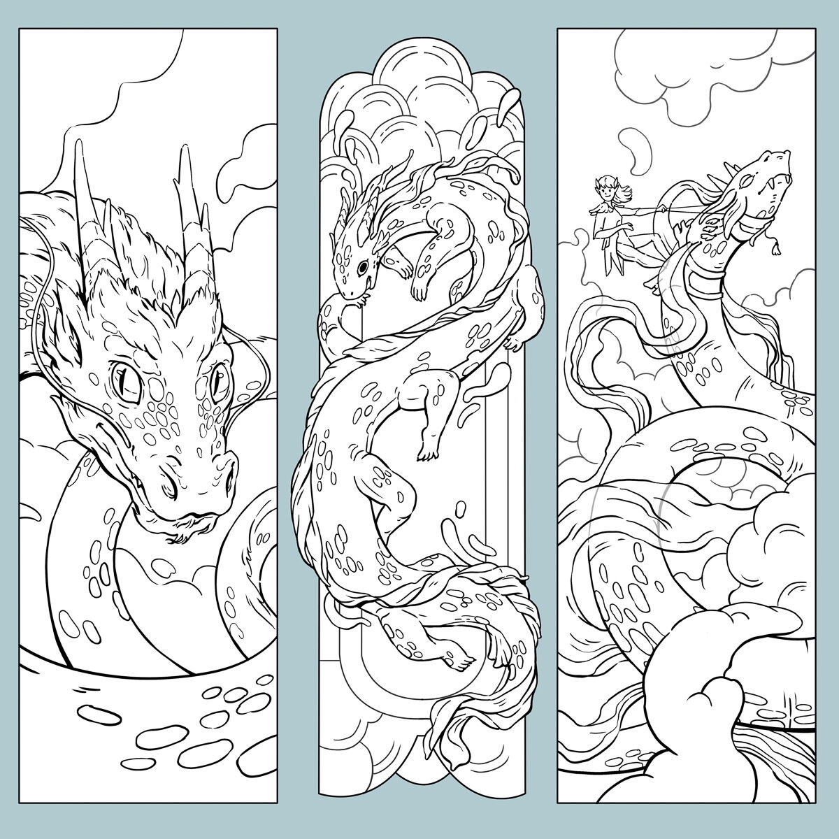 Johanna Forster On X Whimsical Sky Serpents Colouring Page For My Upcoming Colouring Book With Fantasy Themed Bookmarks Which One Is Your Favorite fantasy art illustration lineart drawing bookmark colouring colouringbbook 