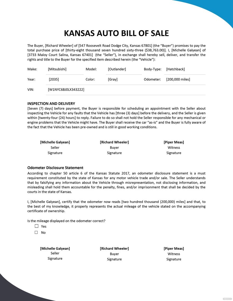 Kansas Auto Bill Of Sale Template In Word PDF Google Docs Download Template