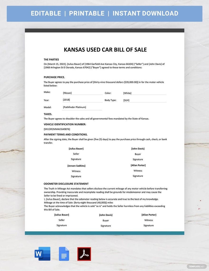 Kansas Used Car Bill Of Sale Template In Word Google Docs PDF Download Template