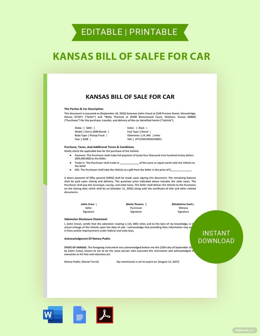 Kansas Vehicle Bill Of Sale Template In Word PDF Google Docs Download Template