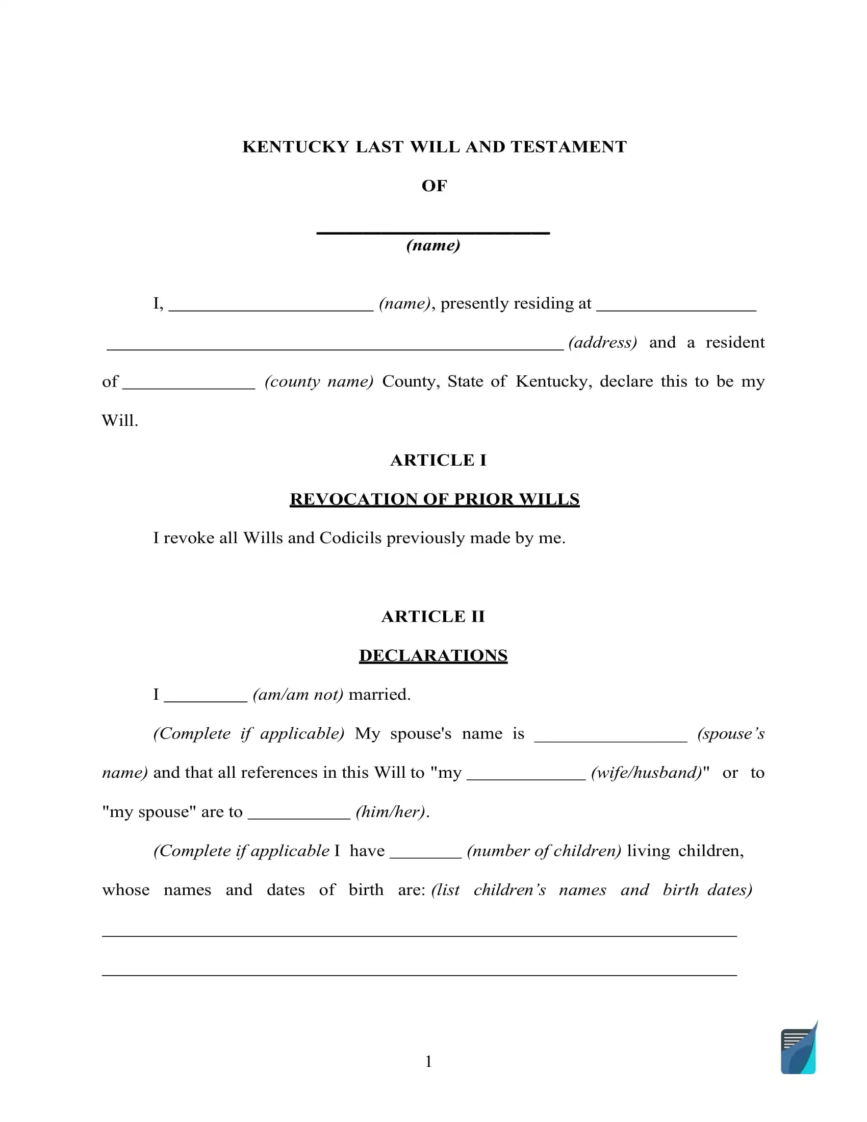 Kentucky Last Will And Testament Form PDF And DOC FormsPal
