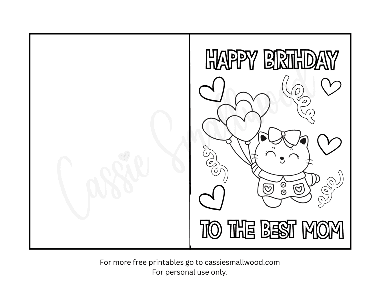 Kitty Printable Coloring Birthday Card For Mom Cassie Smallwood