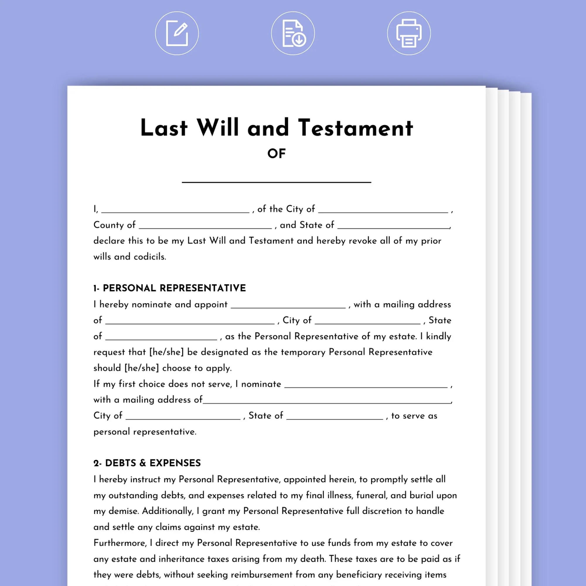 Last Will And Testament Template Simple Fillable Legal Form US Letter A4 Etsy