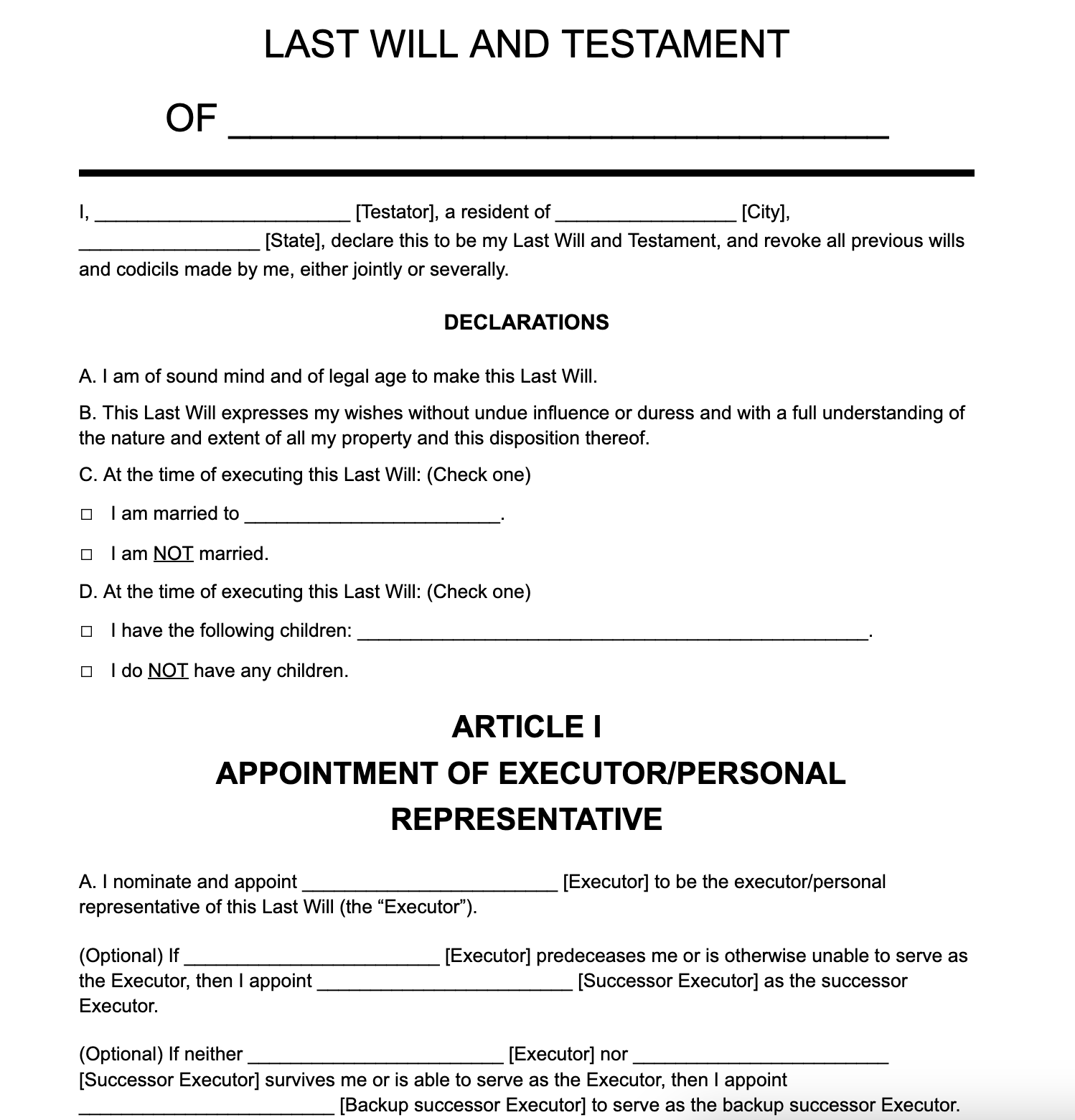 Last Will Testament Templates Samples