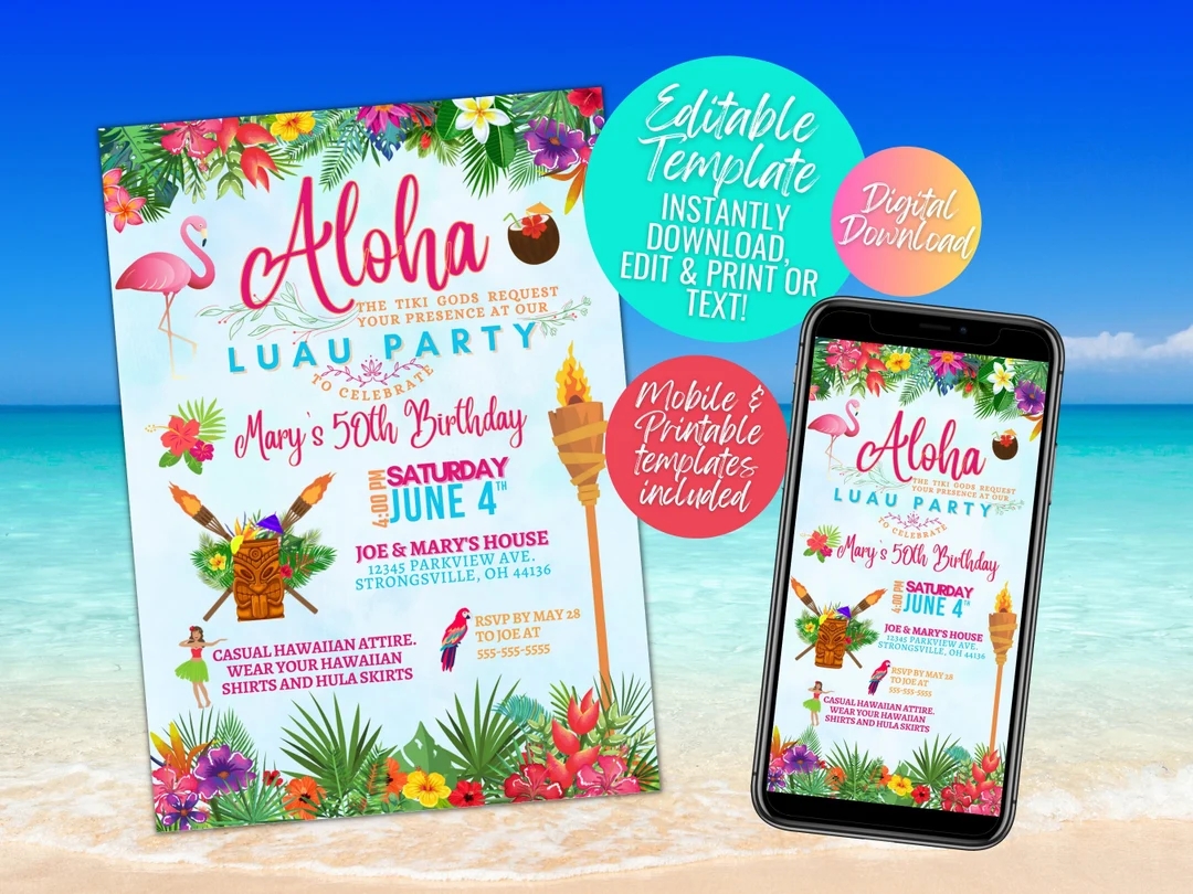 Luau Party Invite Customizable Template Hawaiian Theme Pool Party Summer Party Print And Text Templates Digital Download Etsy