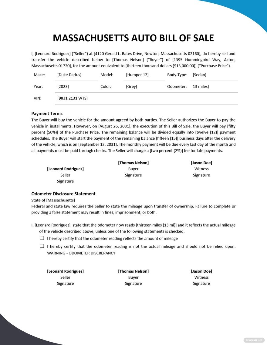 Massachusetts Auto Bill Of Sale Form Template In PDF Word Google Docs Download Template
