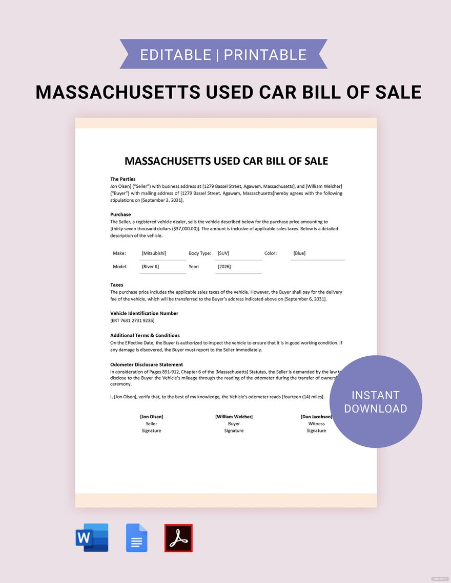 Massachusetts Used Car Bill Of Sale Form Template In Google Docs PDF Word Download Template