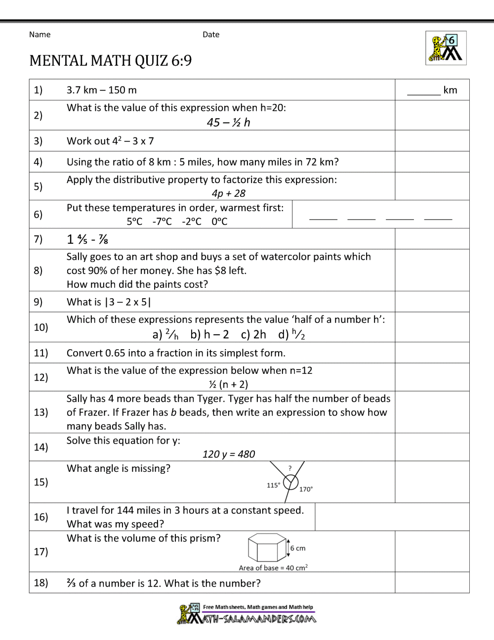 Printable Math Worksheets Free 6th Grade