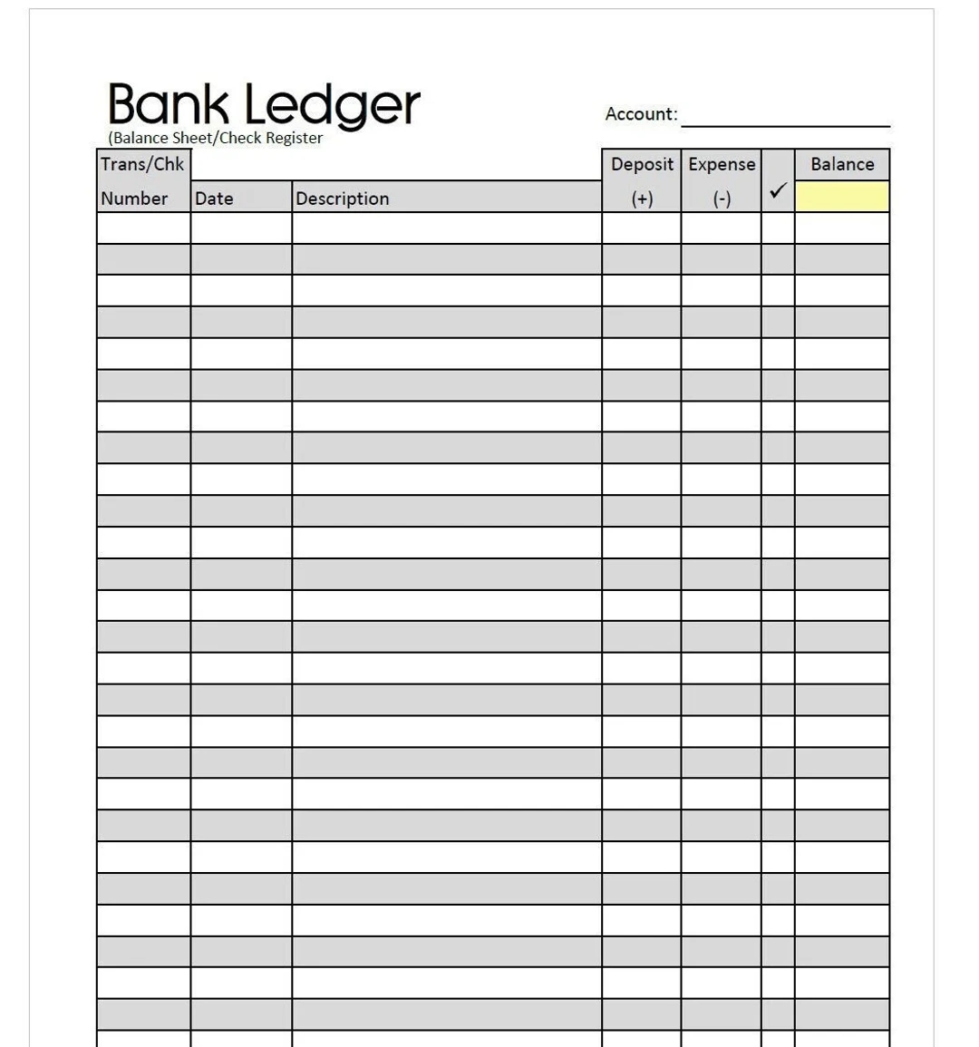 Minimalist Bank Ledger Check Register Balance Sheet digital Download Etsy