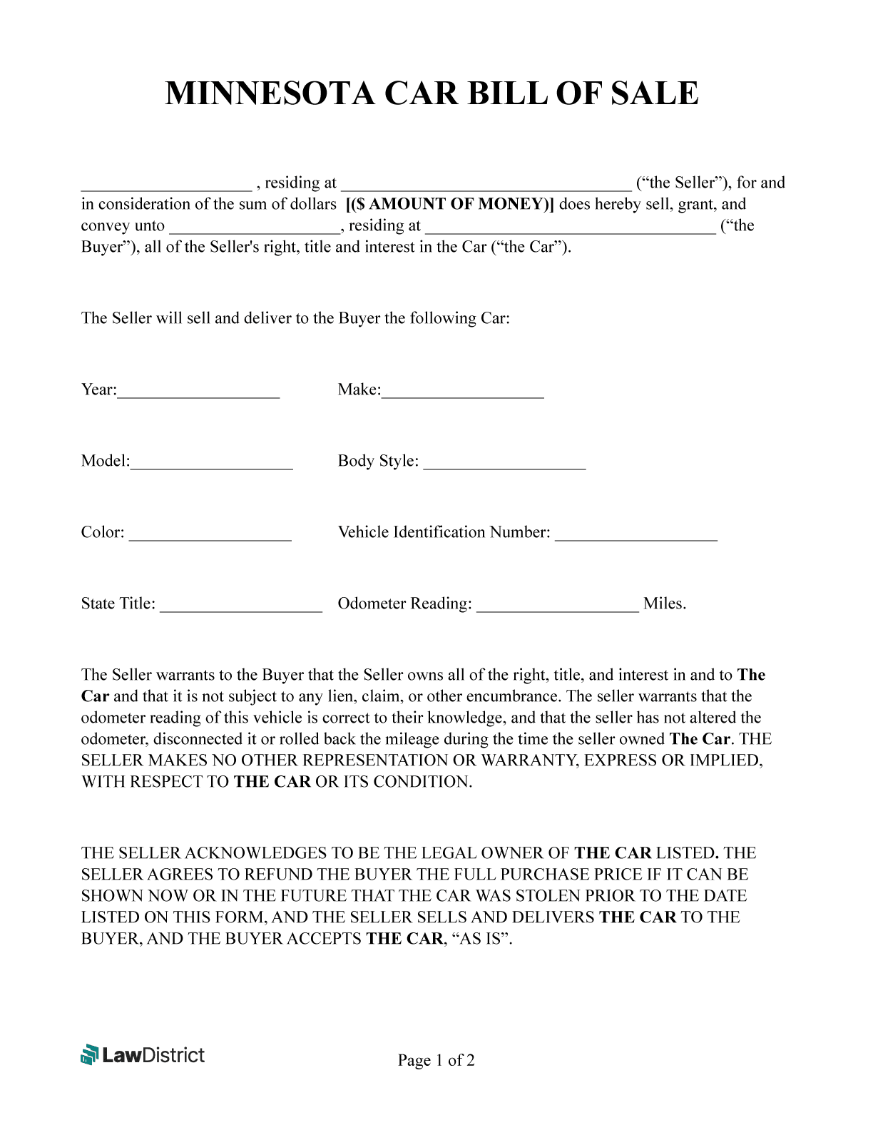 Free Printable Bill Of Sale For Car Minnesota