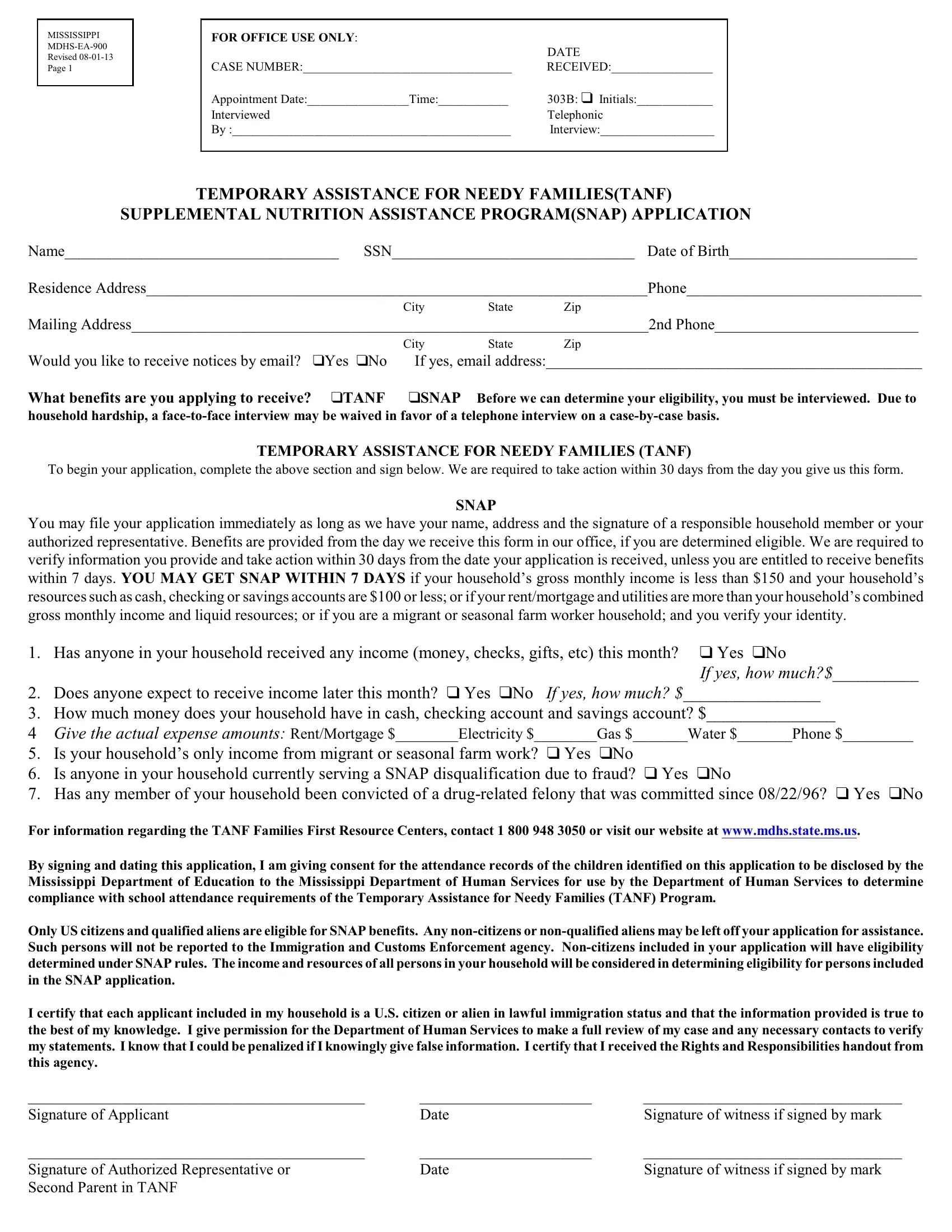 Mississippi Snap Application PDF Form FormsPal