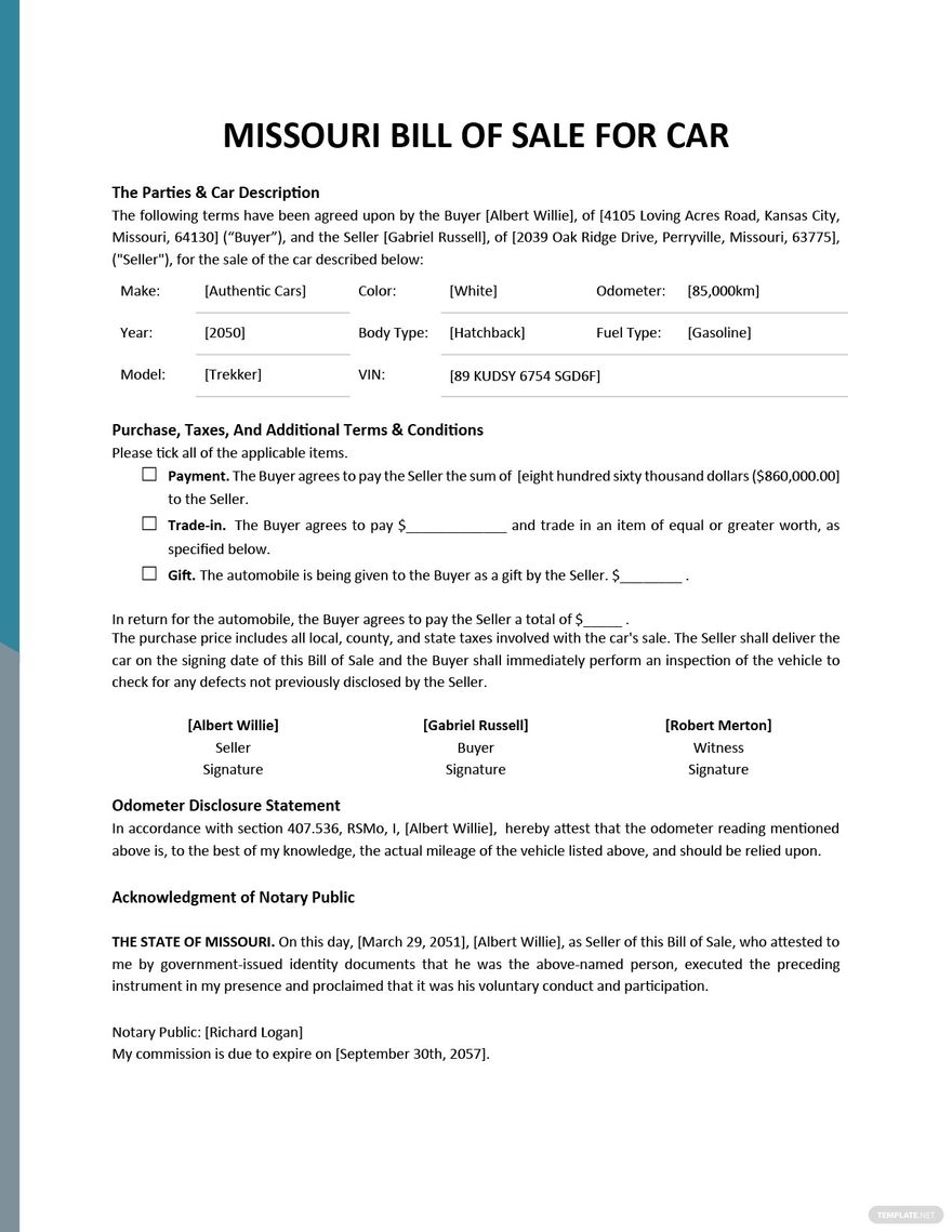 Free Printable Bill Of Sale For Car Missouri