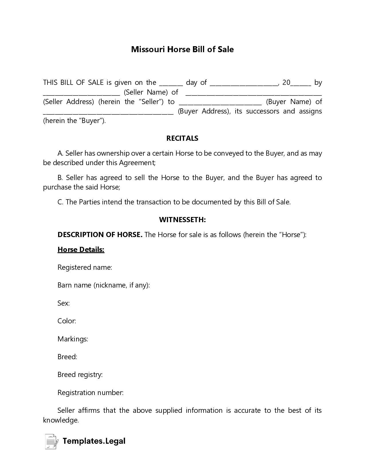 Free Printable Vehicle Bill Of Sale Missouri