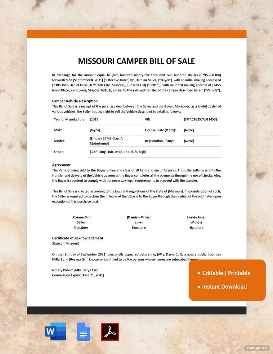 Missouri Camper Bill Of Sale Template In Word PDF Google Docs Download Template