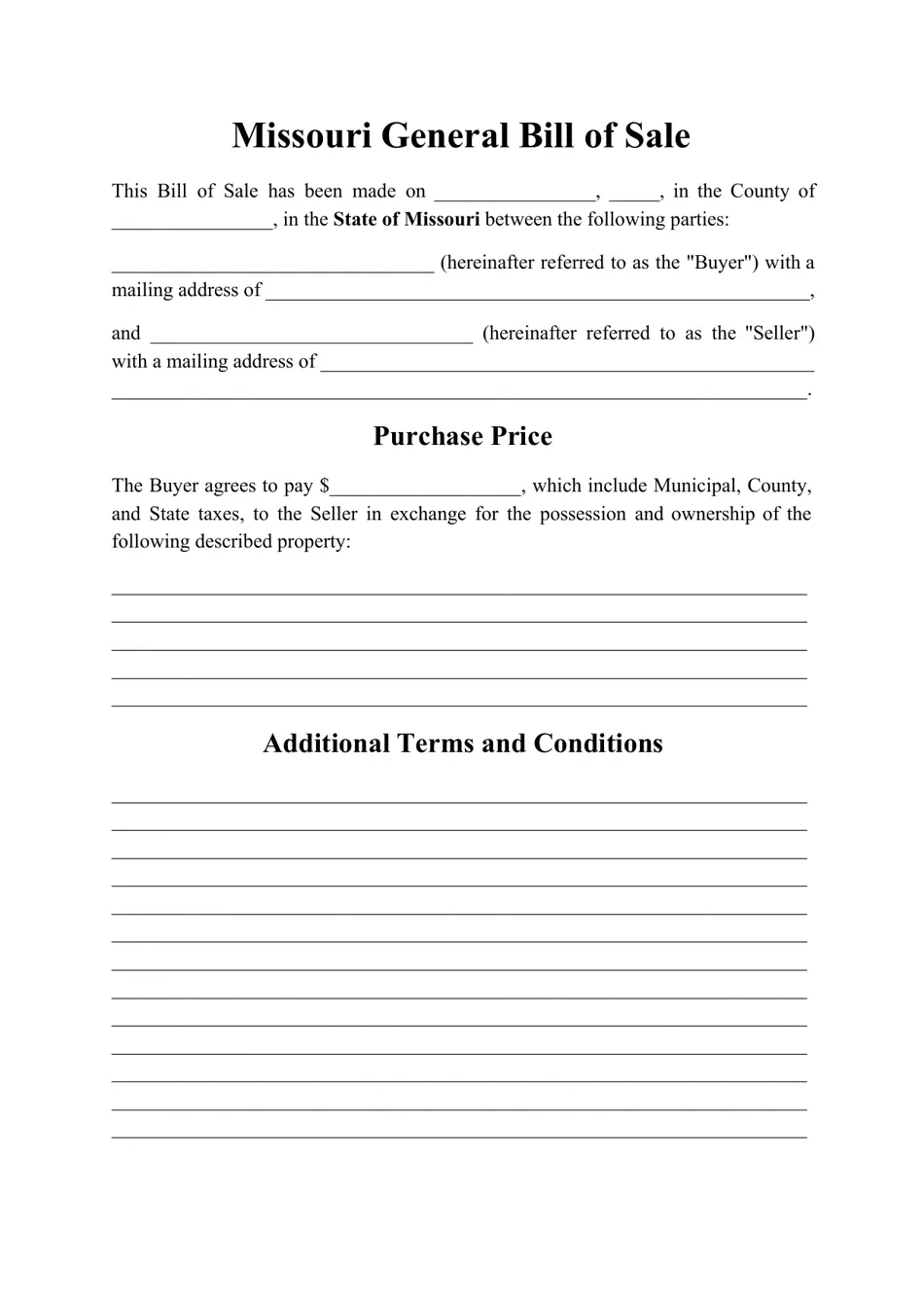 Missouri Generic Bill Of Sale Form Fill Out Sign Online And Download PDF Templateroller