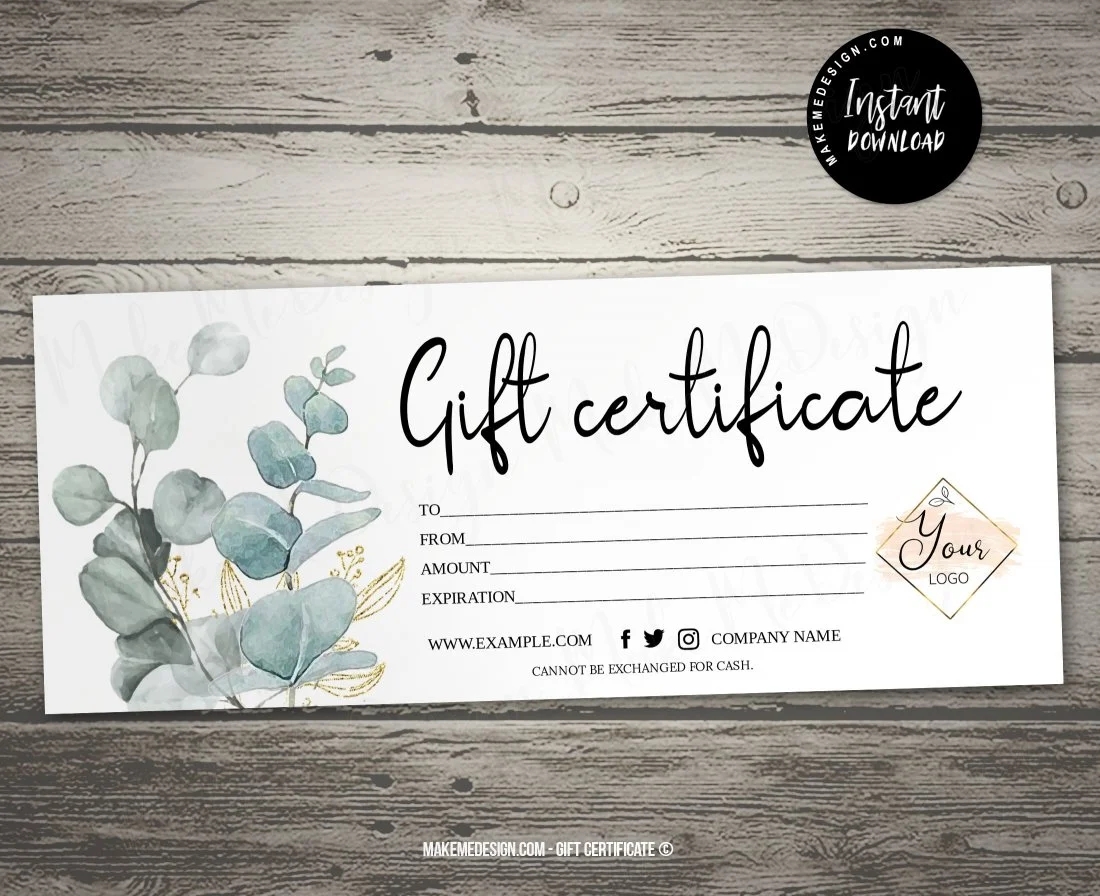 Modern Eucalyptus Gift Certificate Modern Eucalyptus Printable Gift Card MakeMeDesign