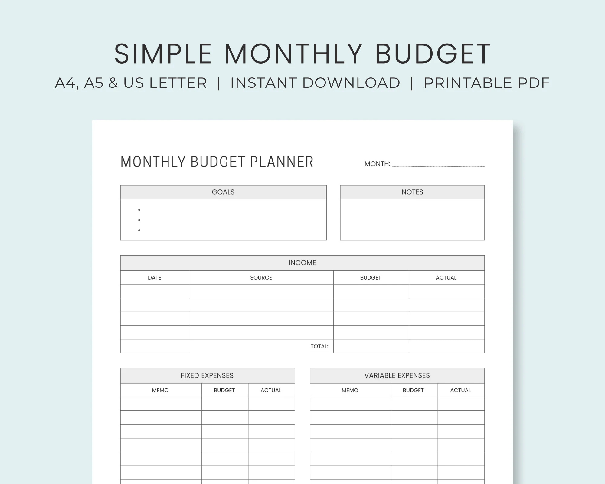Monthly Budget Planner Printable Simple Budget Worksheet Personal Budget Template Instant Download Etsy