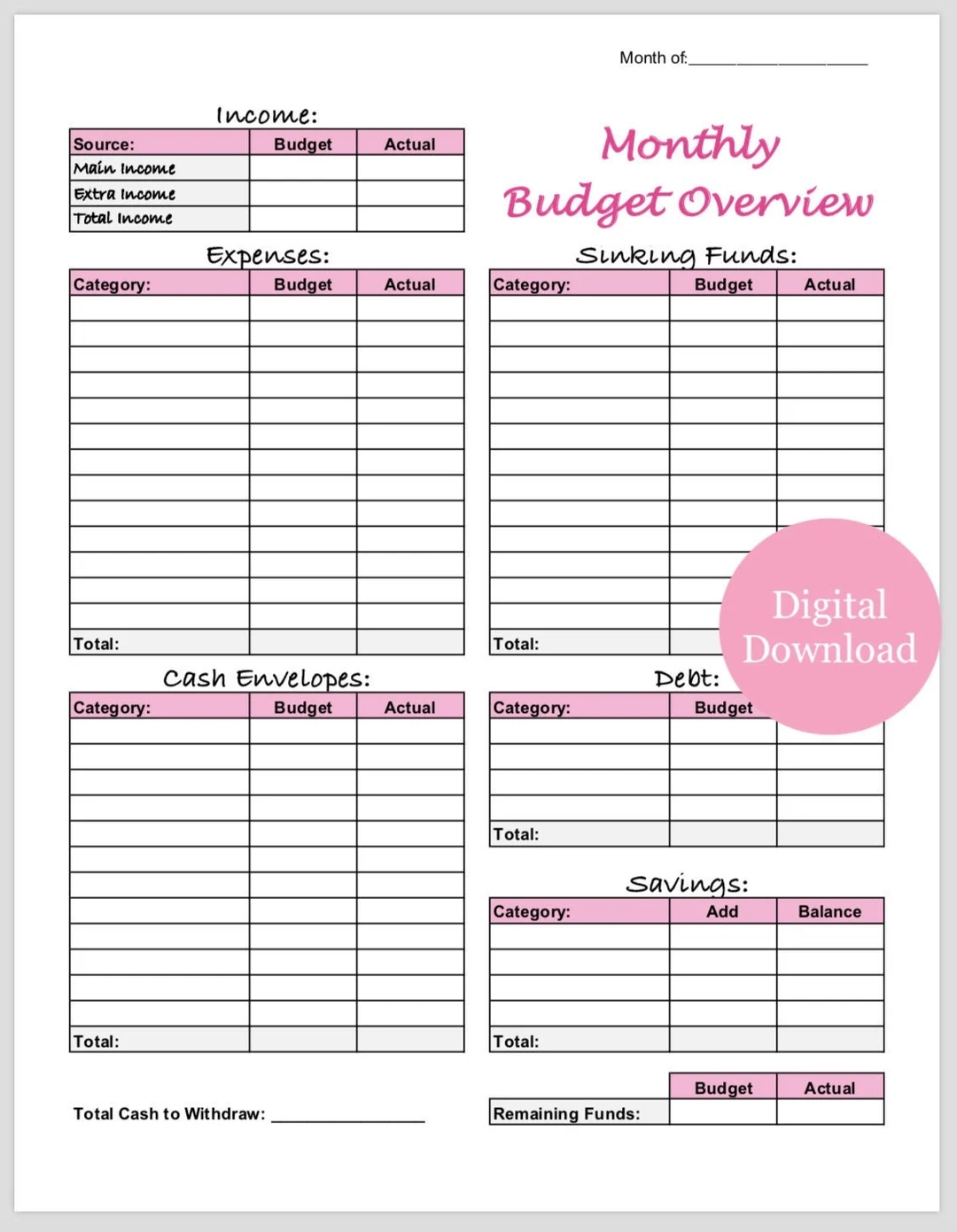 Monthly Budget Template Printable For Cash Envelopes And Sinking Funds pink Etsy