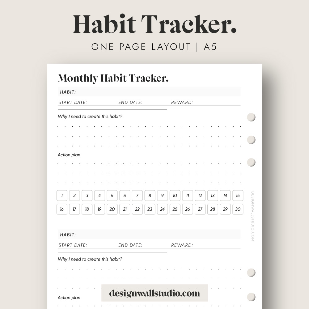Monthly Habit Tracker Printable Insert A5 Free Download One Page Layout