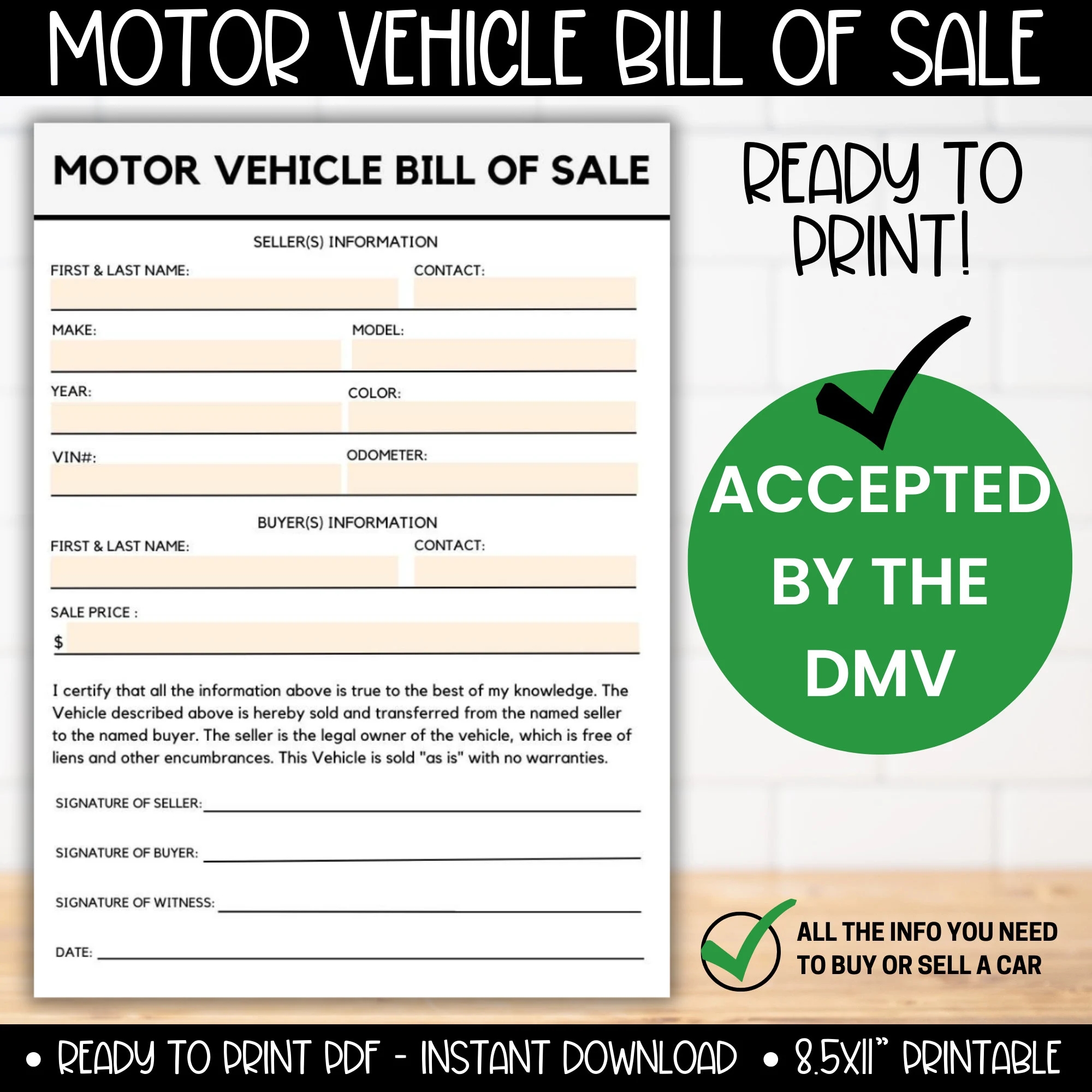 Motor Vehicle Bill Of Sale Printable Form Digital For Sale Car Bill Of Sale Instant Download Auto Bill Of Sale PDF Template Digital BOS Etsy