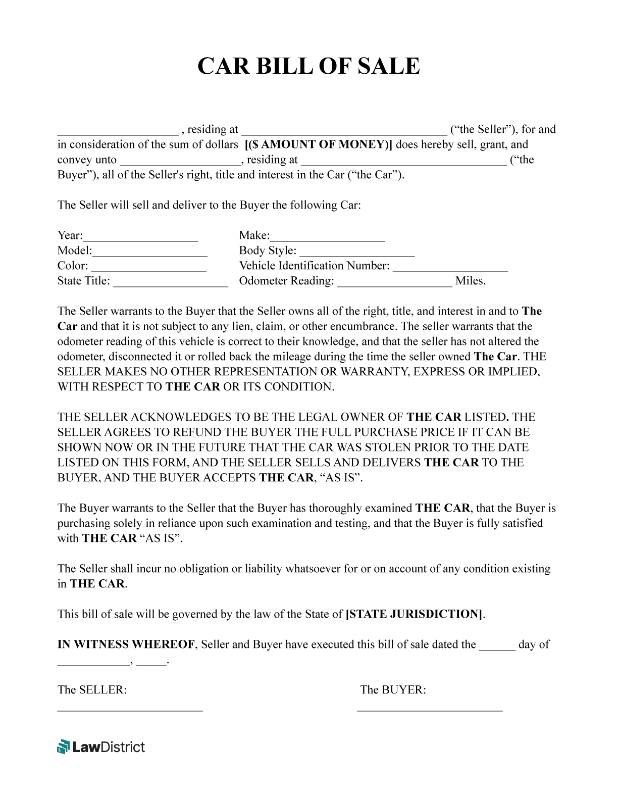 Motor Vehicle DMV Bill Of Sale Template LawDistrict