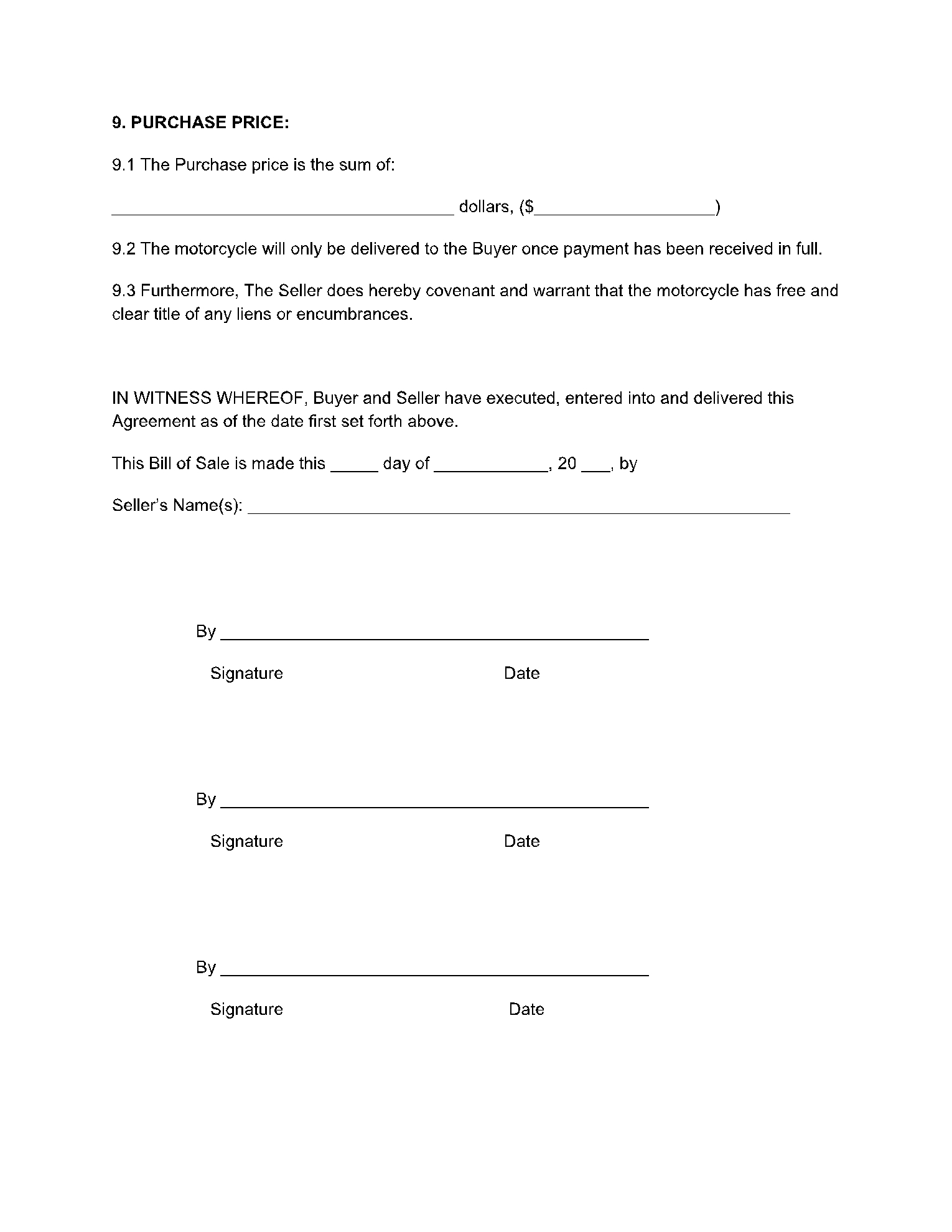 Free Printable Bill Of Sale For Motorcycle