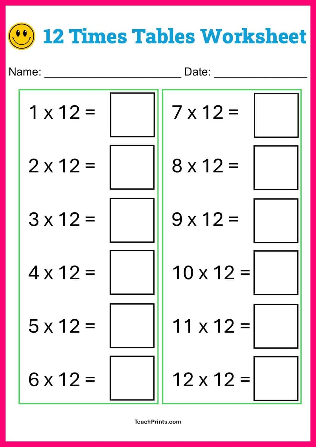 Free Printable Multiplication Worksheets 1-12