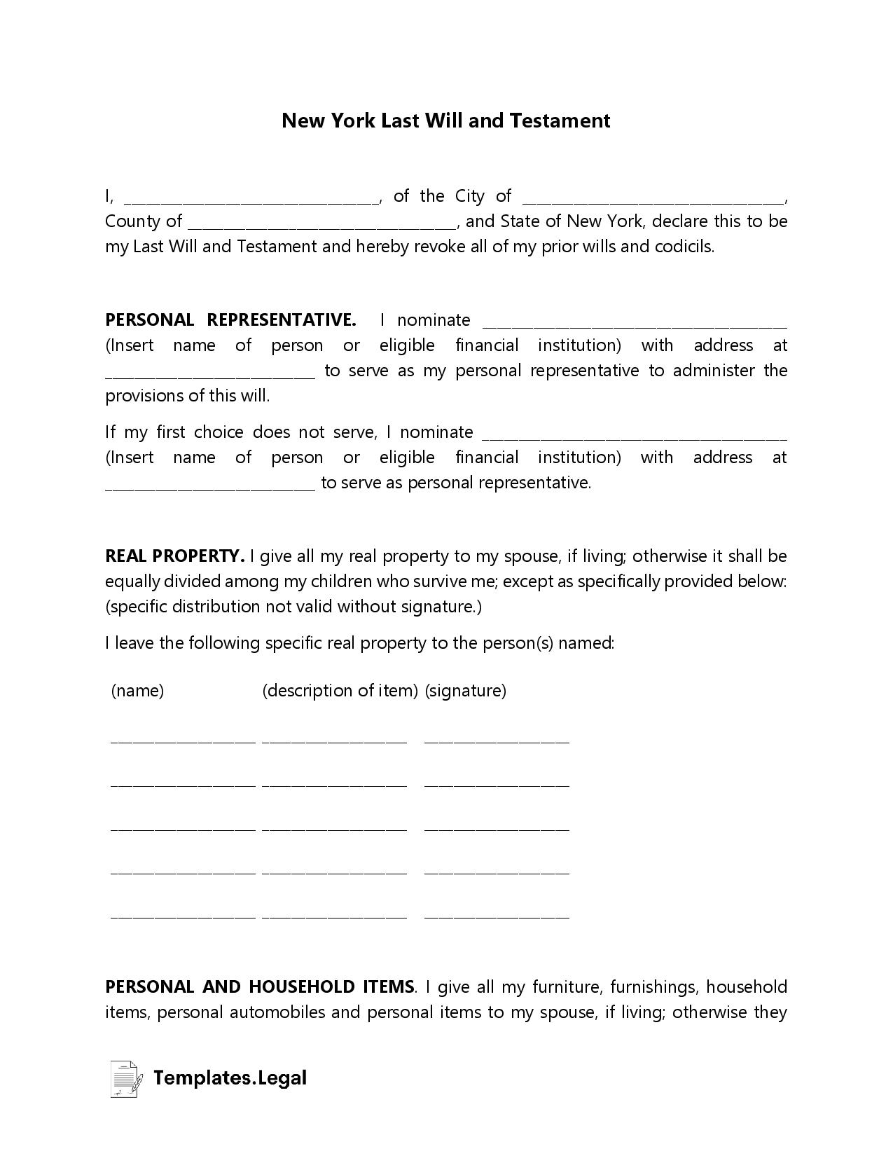 New York Last Will And Testament Templates Free Word PDF ODT 