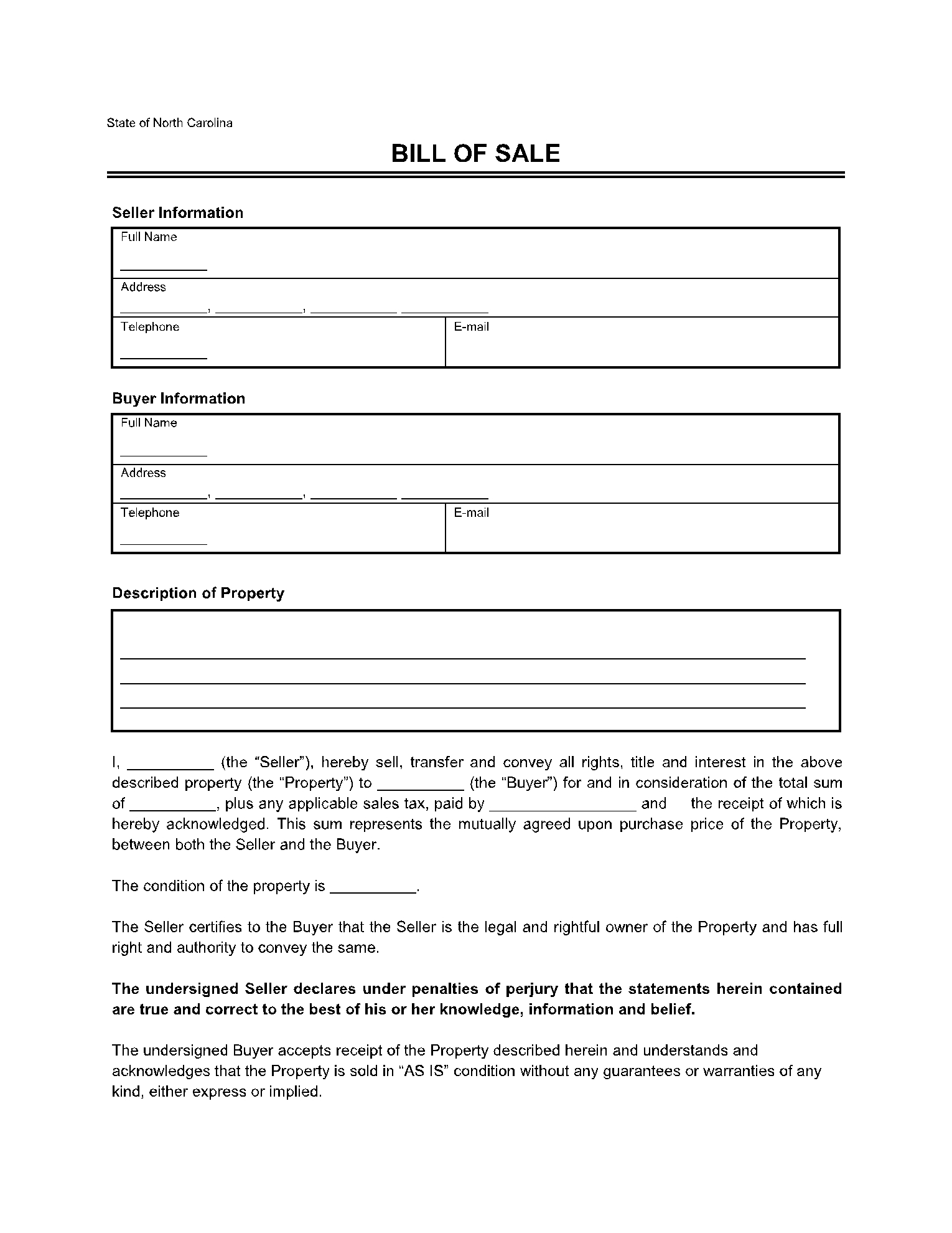 Free Printable Bill Of Sale For Car Nc