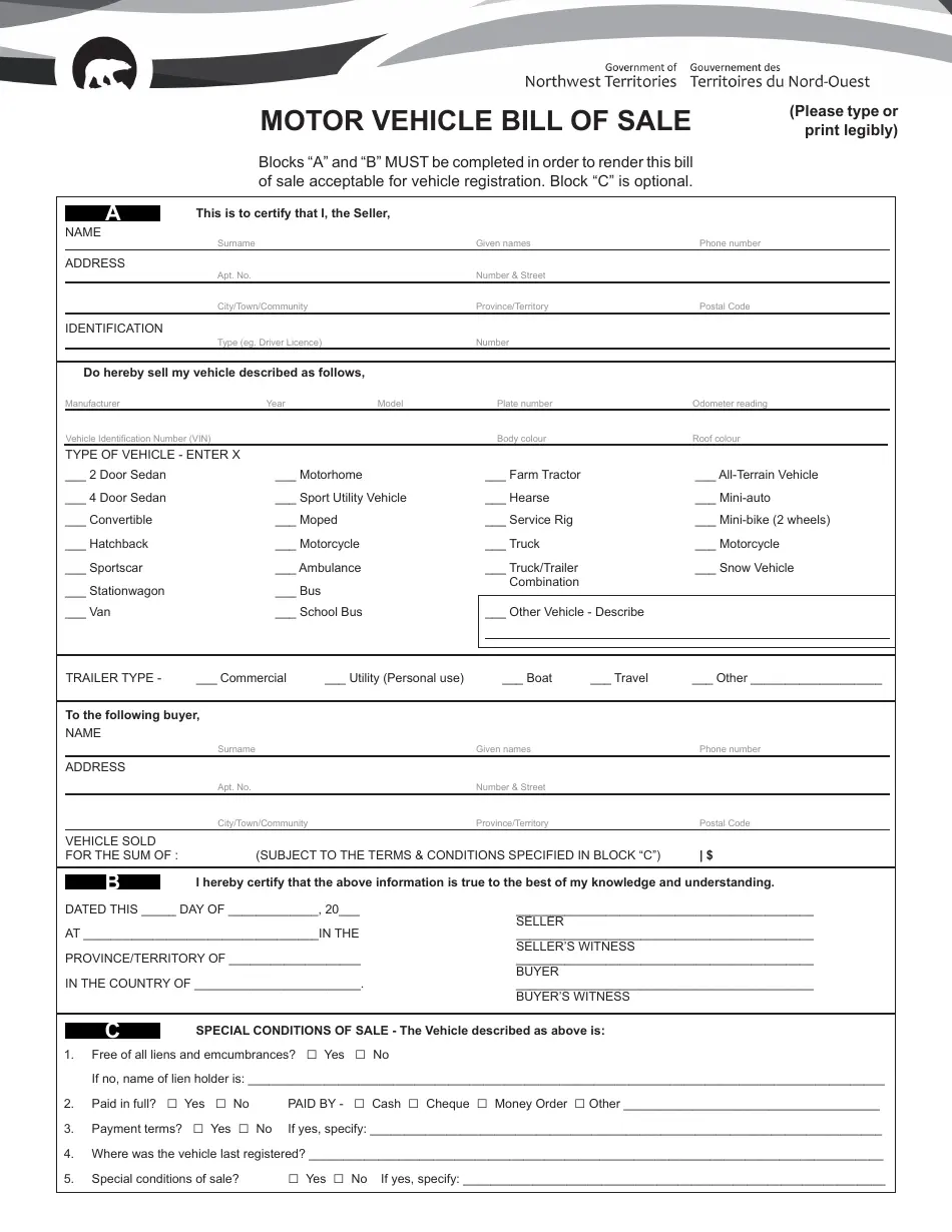 Northwest Territories Canada Motor Vehicle Bill Of Sale Fill Out Sign Online And Download PDF Templateroller