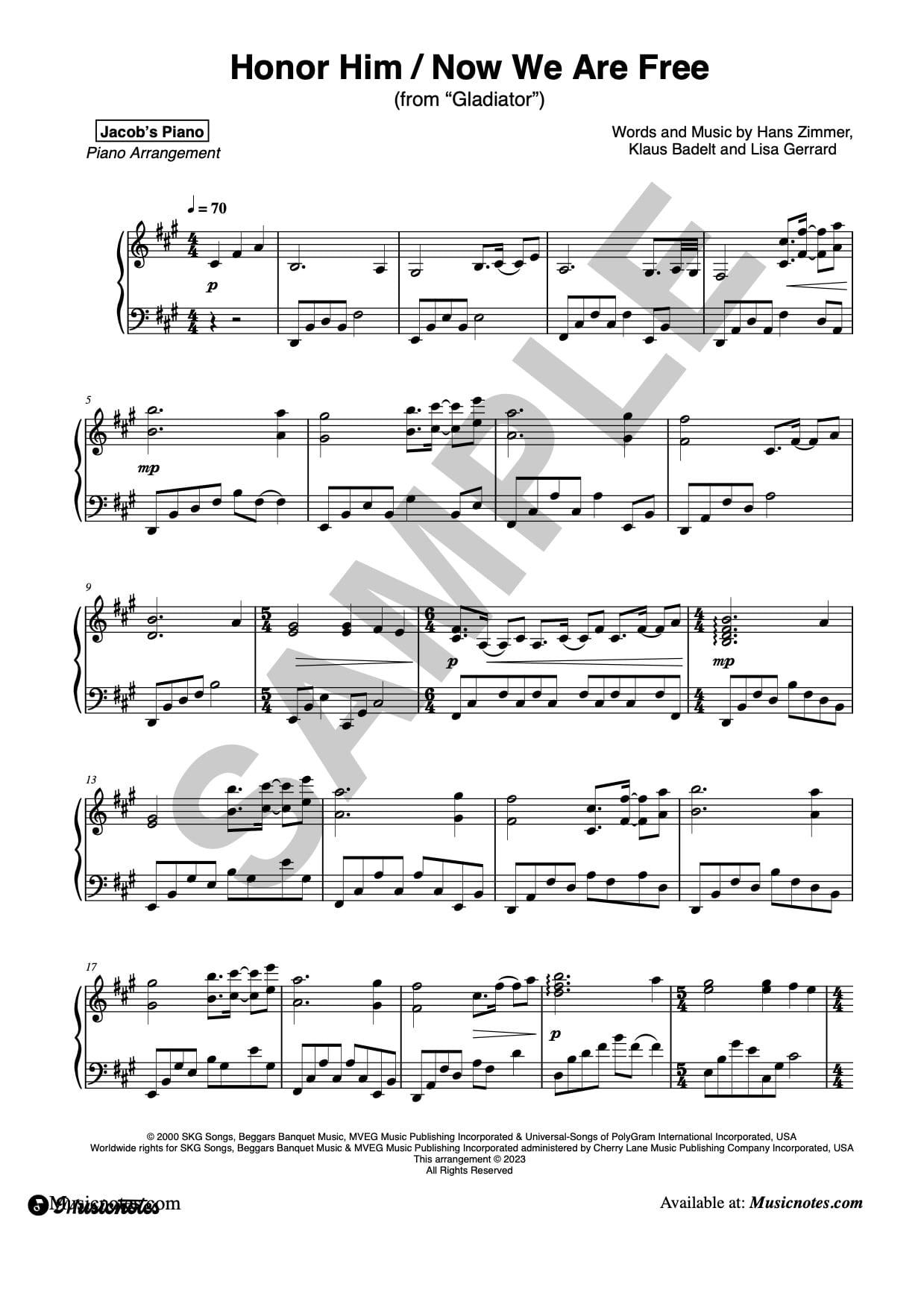 Now We Are Free from Gladiator Sheet Music By Jacob s Piano