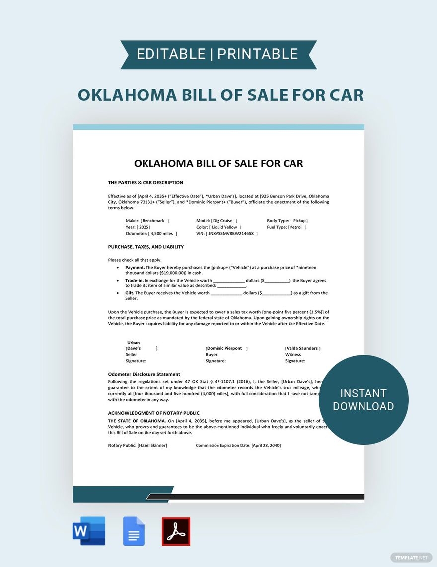 Oklahoma Bill Of Sale For Car Form Template In PDF Word Google Docs Download Template