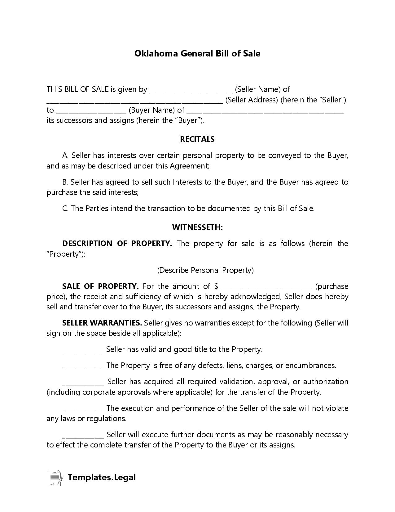 Oklahoma Bill Of Sale Templates Free Word PDF ODT 