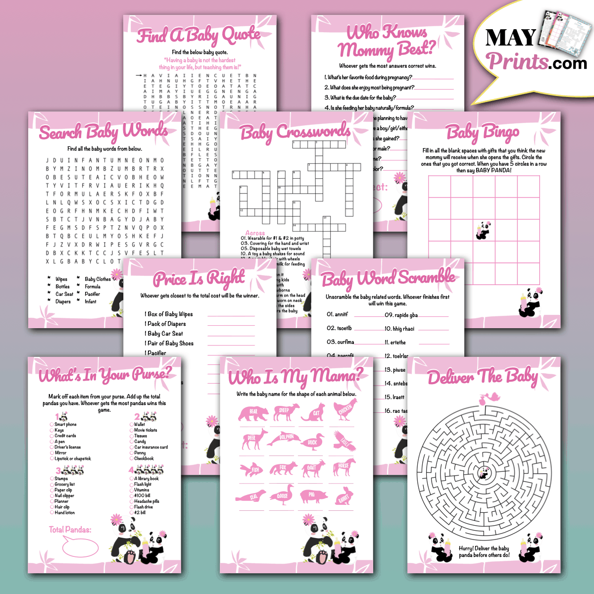 Panda Baby Shower Games Printable Set For Baby Girls May Prints