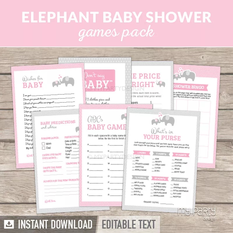 Pink Elephant Baby Shower Games Printable PDF My Party Design