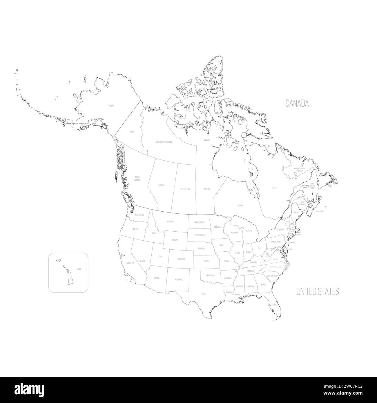 Political Map Of Canada And United States Of America With Administrative Divisions Thin Black Outline Map With Countries And States Name Labels Vector Illustration Stock Vector Image Art Alamy