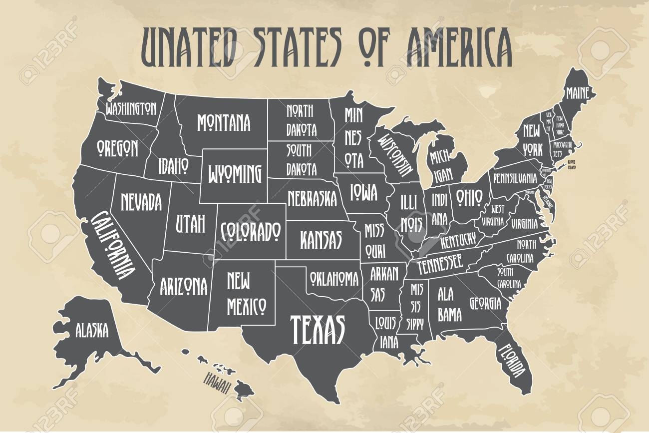 Poster Map Of United States Of America With State Names Black And White Print Map Of USA For T shirt Poster Or Geographic Themes Hand drawn Black Map With States Vector Illustration Royalty Free