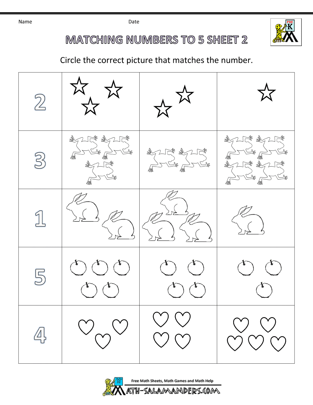 preschool math worksheets matching to 5