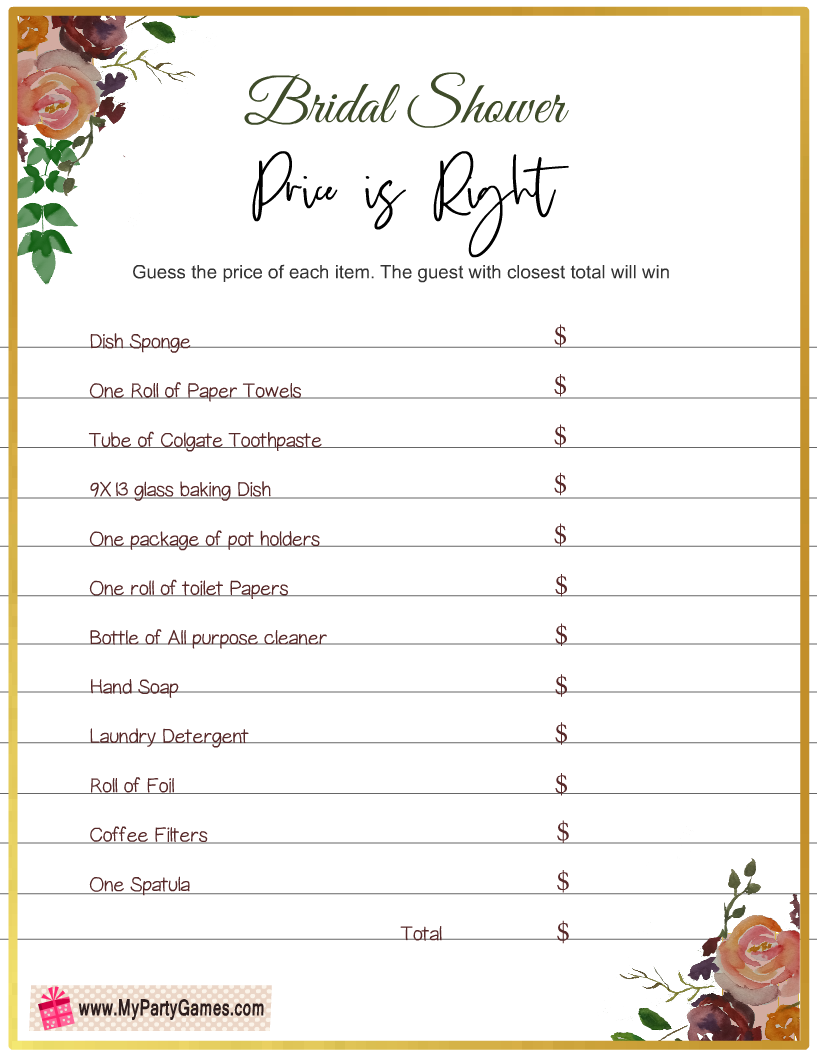 Price Is Right Free Printable Bridal Shower Game