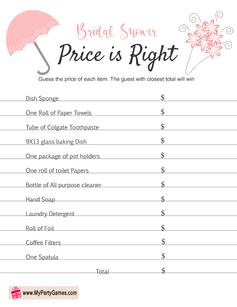 Price Is Right Free Printable Bridal Shower Game