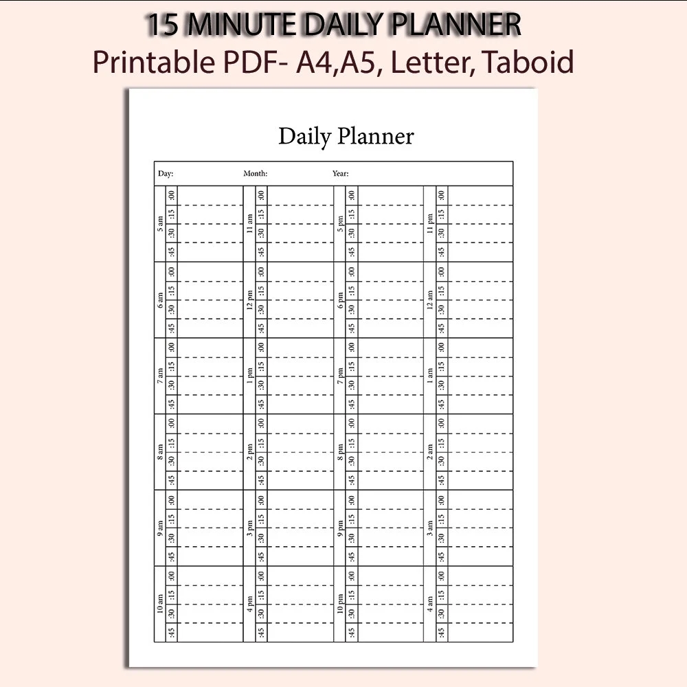 Printable 15 Minute Daily Planner Portrait Layout 24 Hour Planner In 15 Minute Increments a4 a5 letter Tabloid Etsy