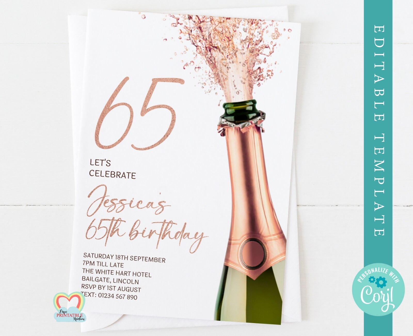 Printable 65th Birthday Invitation Rose Gold Champagne Editable Template 65 Sixty 65th Birthday Digital Invite For Him Her Corjl Diy Etsy