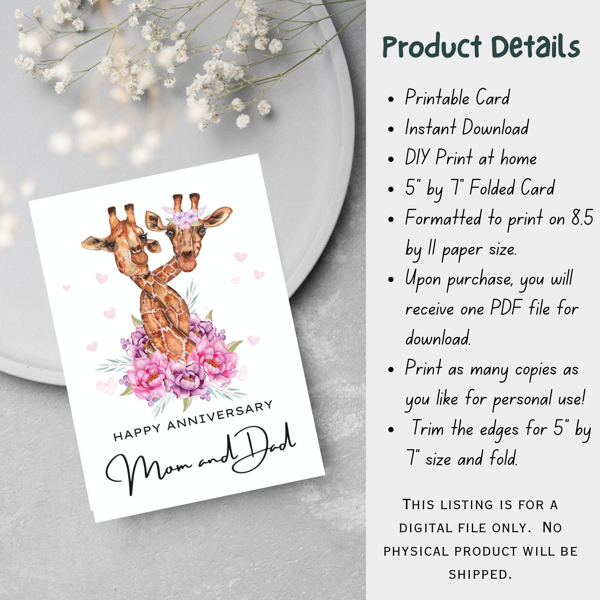 Printable Anniversary Card For Mom And Dad Instant Download Giraffe Watercolor 5x7 Blank Interior Folded Card Anniversary Wishes Etsy