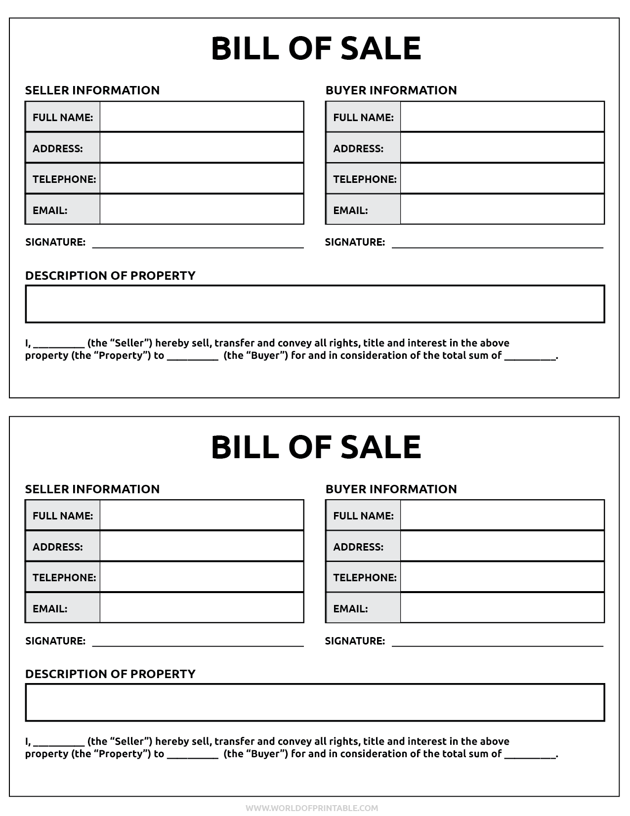 Free Printable Bill Of Sale Form