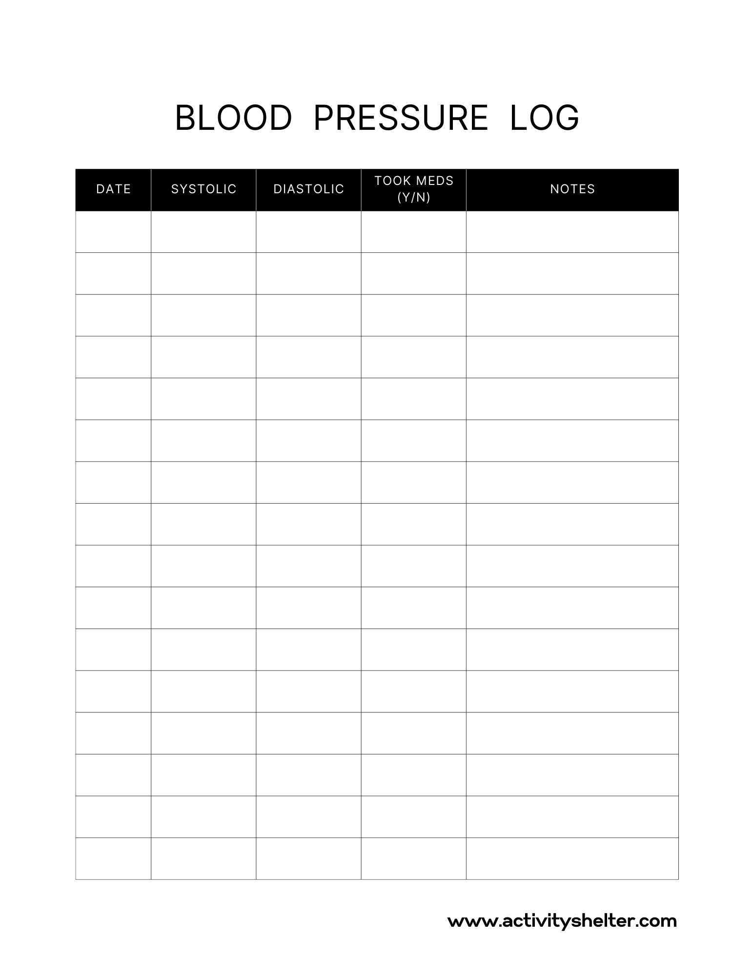 Printable Blood Pressure Log Activity Shelter