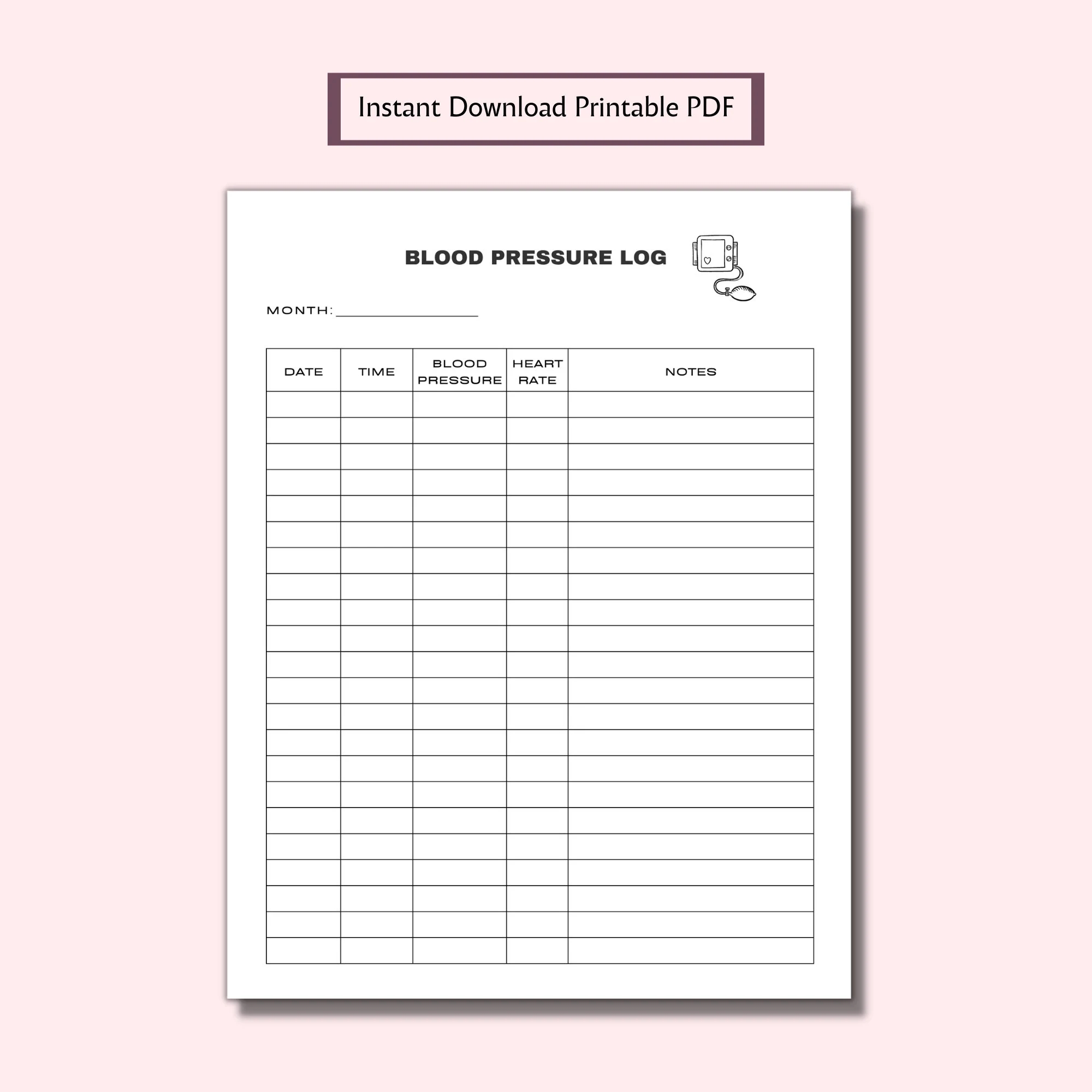 Printable Blood Pressure Log High Blood Pressure Tracker BP Tracker Heart Rate Tracking Letter PDF Instant Download Etsy