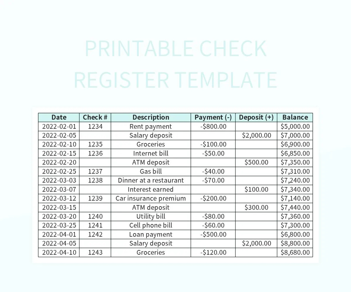 Printable Check Register Template Excel Template And Google Sheets File For Free Download Slidesdocs