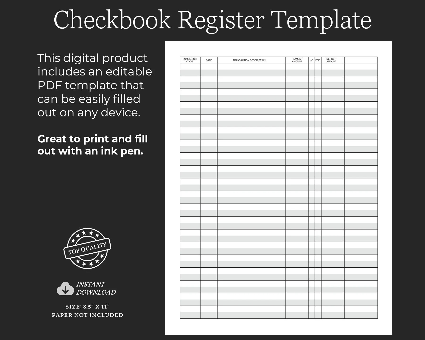 printable checkbook register template check register printable finance tracker financial planner insert bank transaction tracker etsy