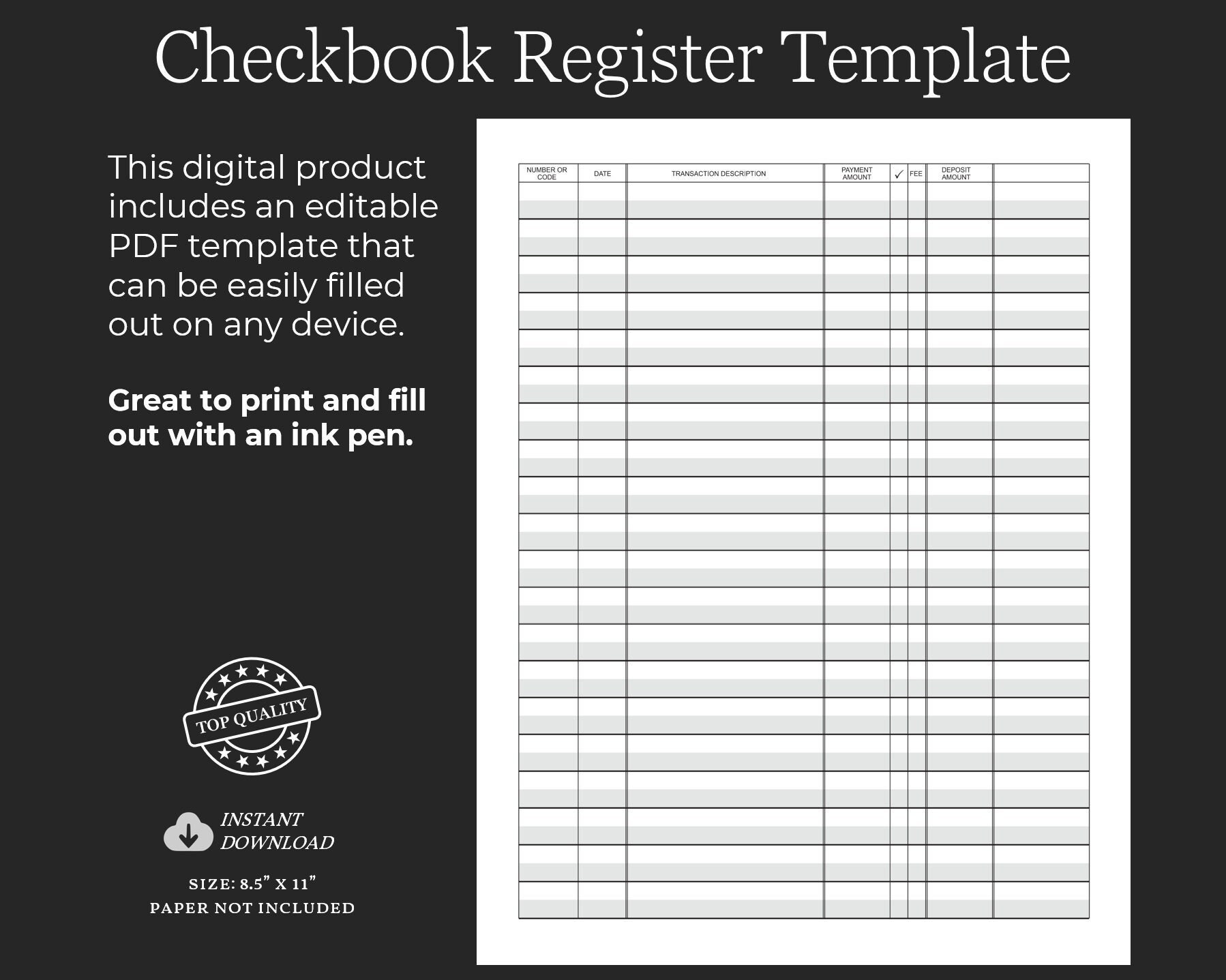 Printable Checkbook Register Template Check Register Printable Finance Tracker Financial Planner Insert Bank Transaction Tracker Etsy